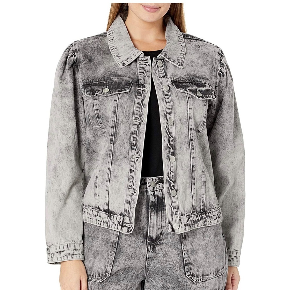Women's Puff Sleeve Denim Jacket grey/black acid wash